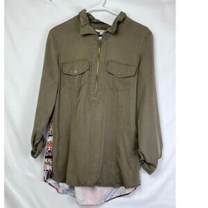 John Mark Women's Size Small Tan 1/4 Zip Long Sleeve Boho Print on Back Shirt